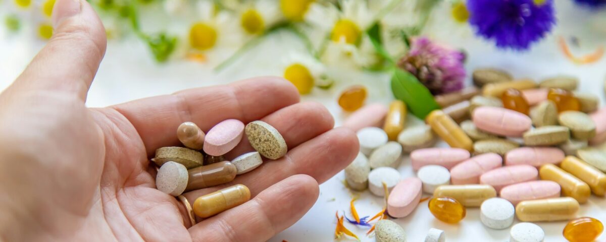 Homeopathy and dietary supplements from medicinal herbs. Selective focus.